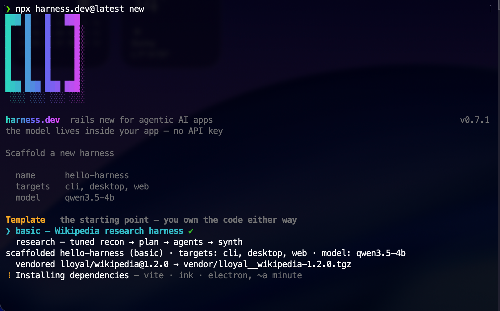 The harness.dev wizard scaffolding a Wikipedia research harness with CLI, desktop and web surfaces and a resident Qwen model.
